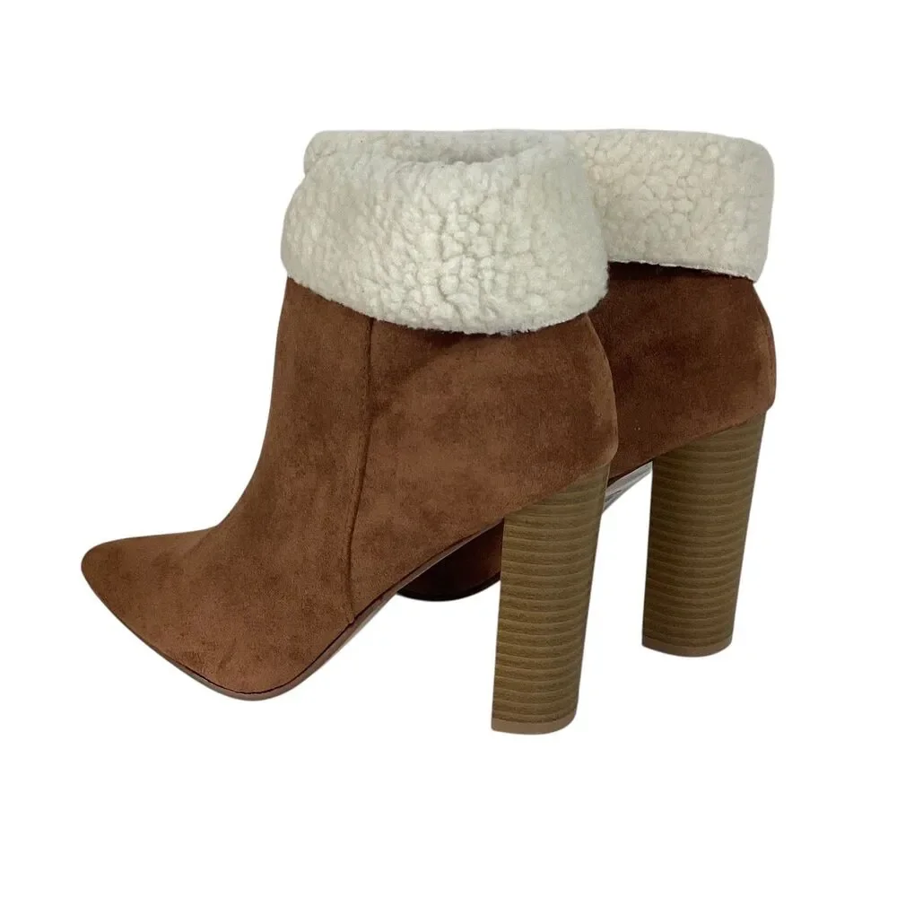 Yoki Shona Womens Brown Faux Suede Sherpa Trim Block Heel Ankle Boots Size 8